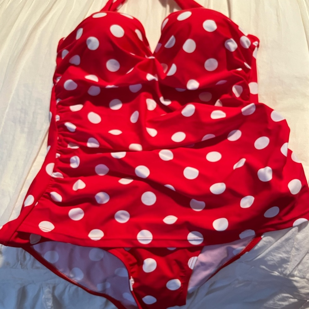 Polka dot one piece swim suit!  So flattering!!  Large